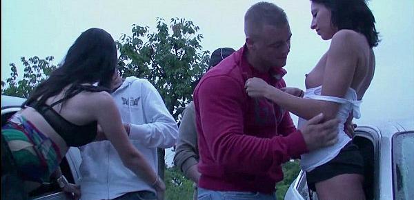  Extreme PUBLIC dogging foursome with a pregnant girl